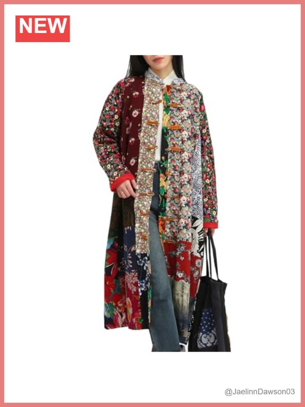 Cotton Linen Floral Patchwork Long Jacket Oversized Raglan Cottagecore